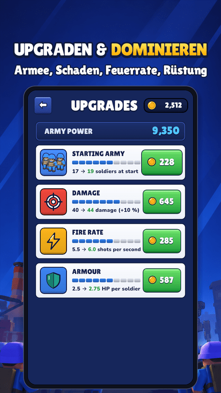 Screenshot: Upgrade-Menü für Soldaten, Schaden, Feuerrate und Rüstung