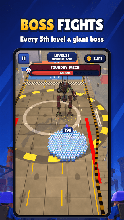 Screenshot: boss fight against a giant mech