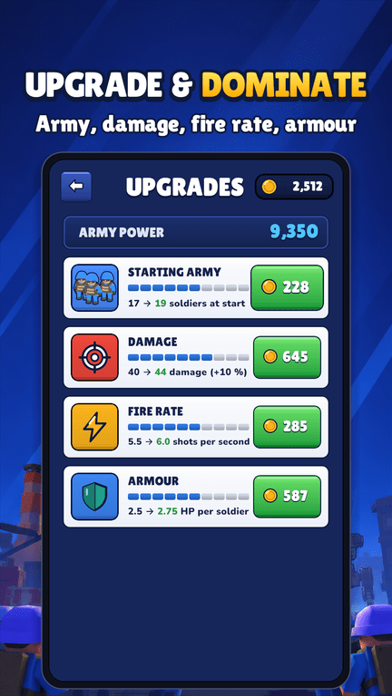 Screenshot: upgrade menu for soldiers, damage, fire rate and armour