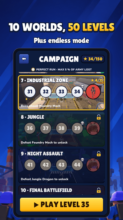 Screenshot: campaign with 10 worlds and 50 levels